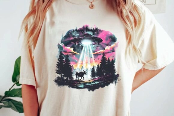 Retro Alien UFO Cow Abduction Forest Watercolor Graphic