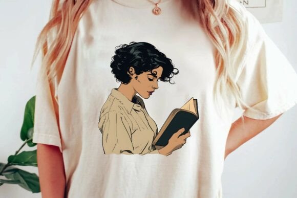 Retro Comic Book Woman Reading Illustration Bibliophile Aesthetic Graphic Tee Design Png