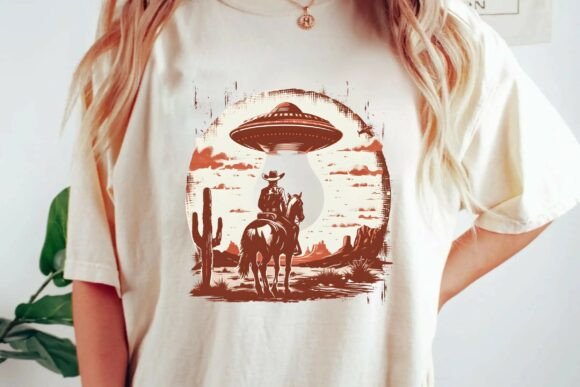 Retro Cowboy UFO Alien Abduction Desert Scene: Western Sci-Fi PNG