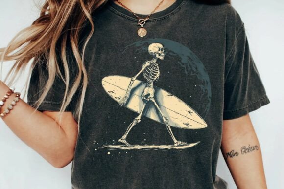 Retro Waves & Skulls: The Skeleton Surfer PNG