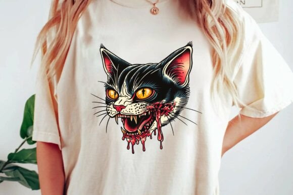 Scary Zombie Cat Traditional Tattoo Style Graphic for Halloween
