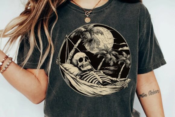 Skeleton Relaxing in Hammock: A Moonlit Vintage Graphic