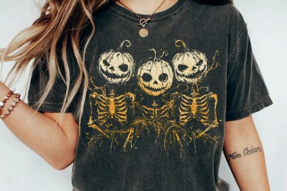 Spooky Vintage Pumpkin Skeleton Trio Design PNG