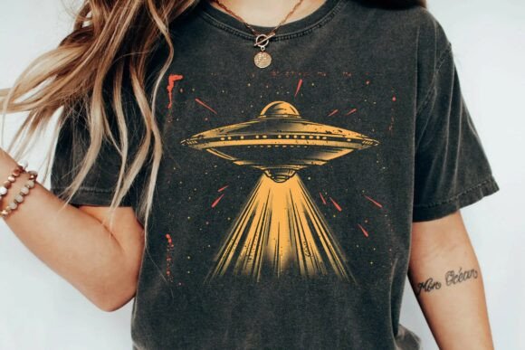 Unlocking the Cosmos: The Vintage Retro UFO Flying Saucer Alien Space Abduction Graphic Design Png