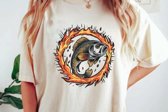 Vintage Bass Fish Jumping Through Ring of Fire Graphic