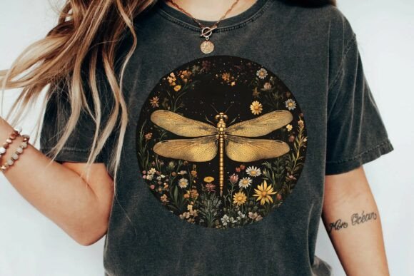 Vintage Gold Dragonfly with Wildflowers Floral Aesthetic Graphic Png