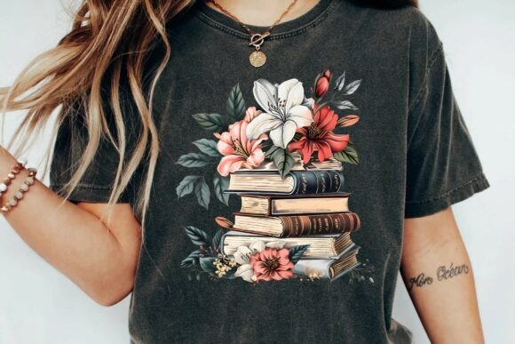 Vintage Stack of Books with Floral Lilies: A Librarian's Dream Graphic